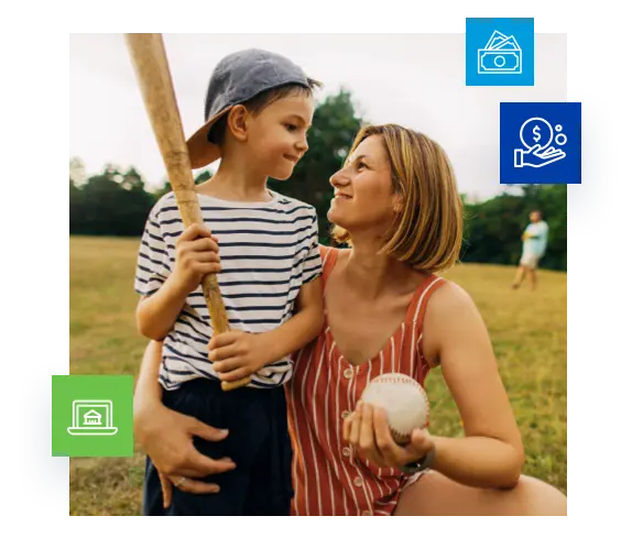 Mother hugging son while son is holding a baseball bat and she is holding a baseball